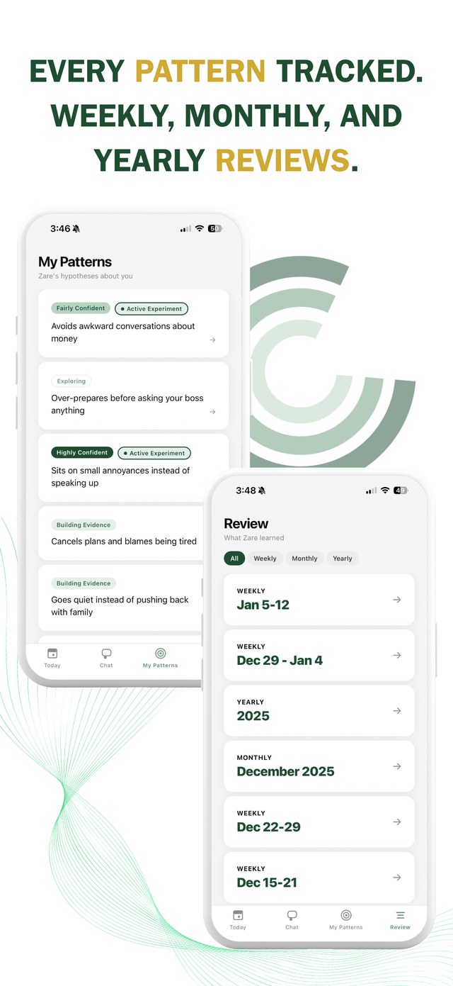 My Patterns and Review screens showing tracked patterns and weekly, monthly, and yearly reviews