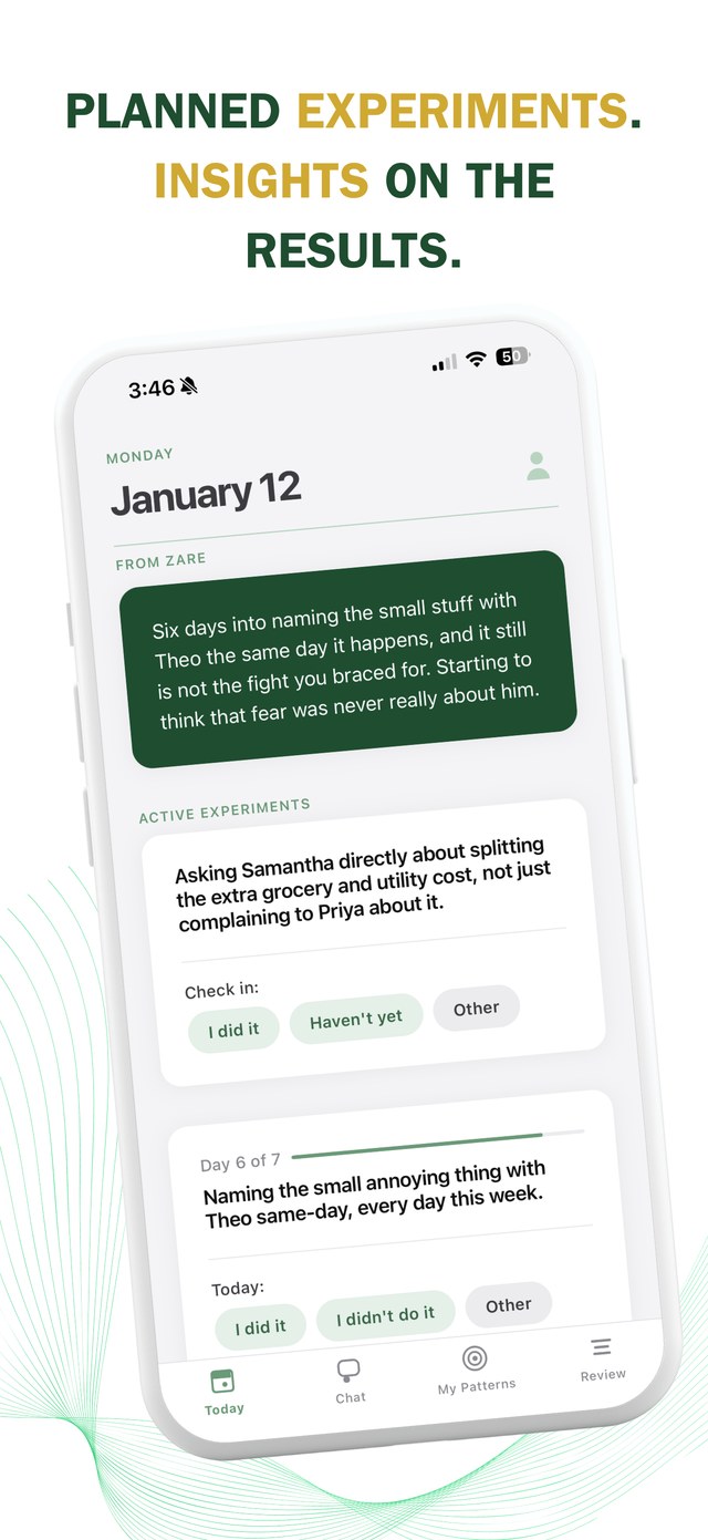 The Today screen showing an active experiment and Zare's daily note