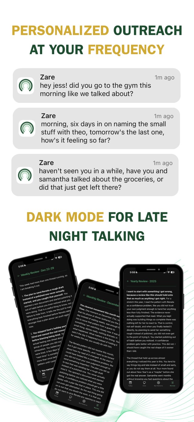 Personalized outreach notifications from Zare, and the app in dark mode